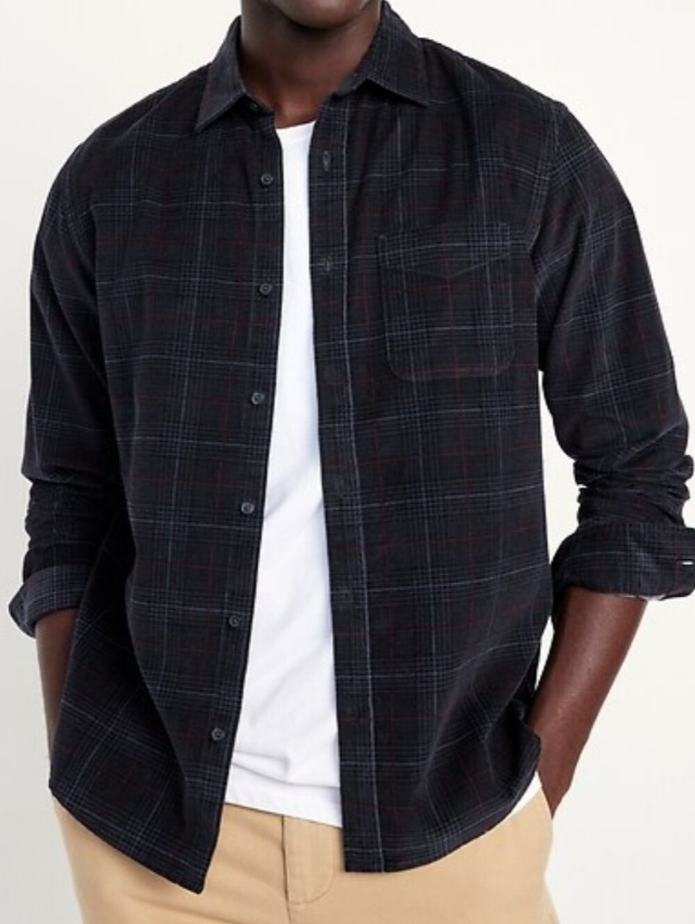 Old Navy Men's Black and Navy Plaid Corduroy Shirt